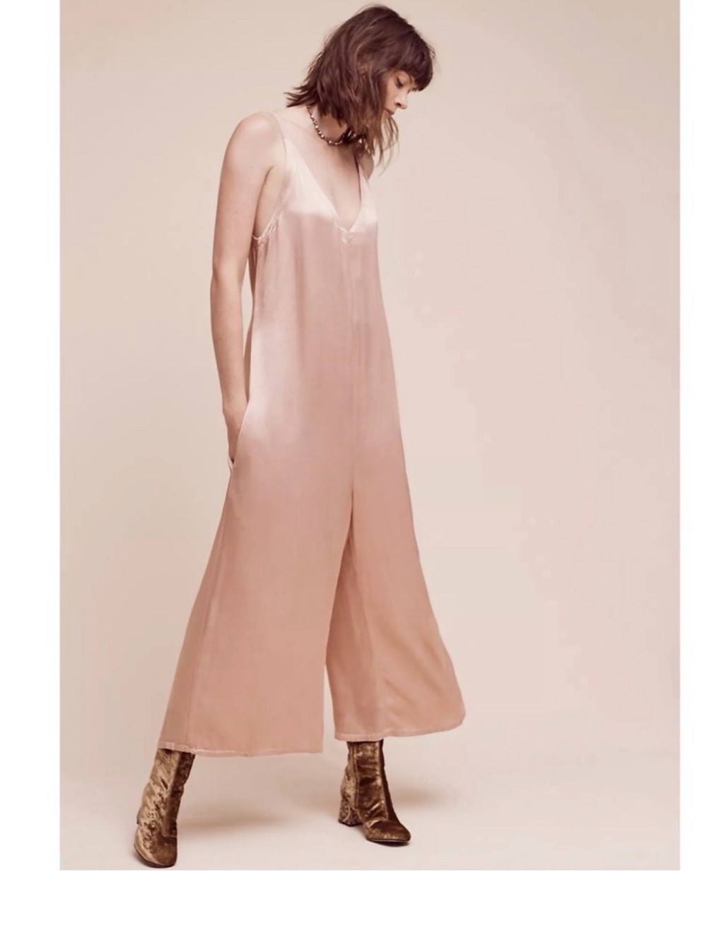 LACAUSA Blush V-Neck Wide-Leg Satin Jumpsuit